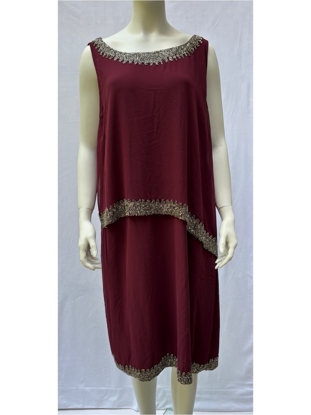 J Kara Beaded Boat Neck Asymmetrical Bodice Edge Dress Size 24W Cranberry NWT